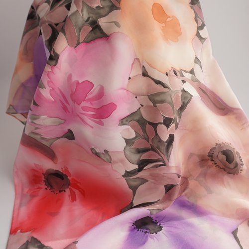 Vendu - foulard soie crêpe de chine peint main fleuri, toscane