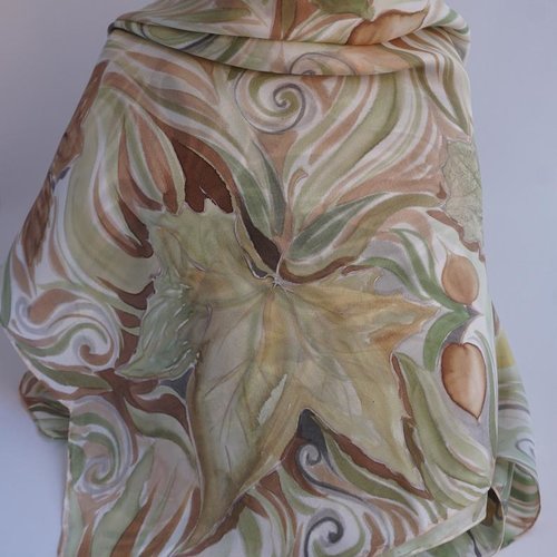 Vendu - foulard en soie peint main feuilles