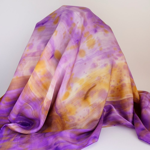 Vendu - foulard en crépon de soie peint main violet et marron, cadeau femme