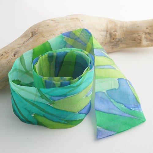 Bracelet en soie peint à la main bleu et vert motif tropical