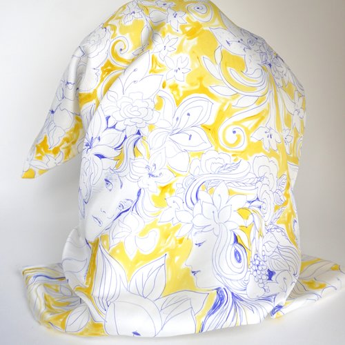 Foulard soie peint main, bandana femme jaune et bleu, cadeau femme