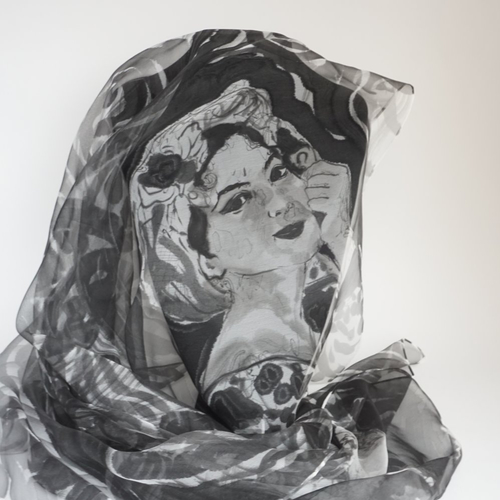 Foulard mousseline de soie peint main, foulard soie femme, châle noir et blanc, cadeau pour elle