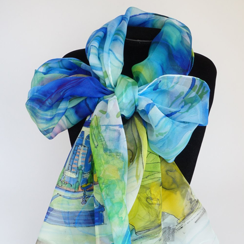 Etole mousseline soie peint main, foulard original, écharpe femme, carré de soie vert et bleu, cadeau pour elle
