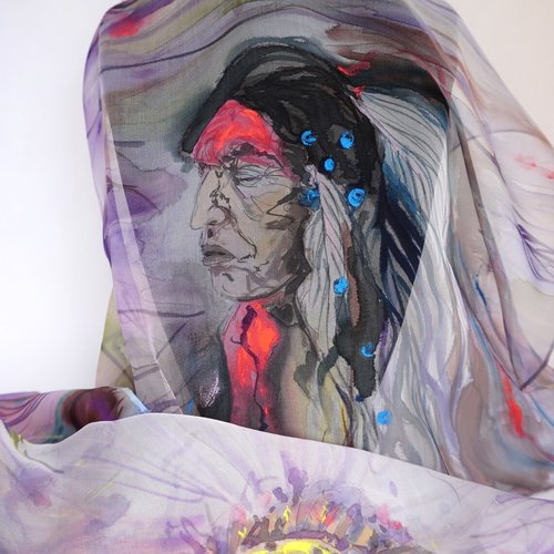 Etole en mousseline de soie peint main motif indien, cadeau pour elle, cadeau noël femme