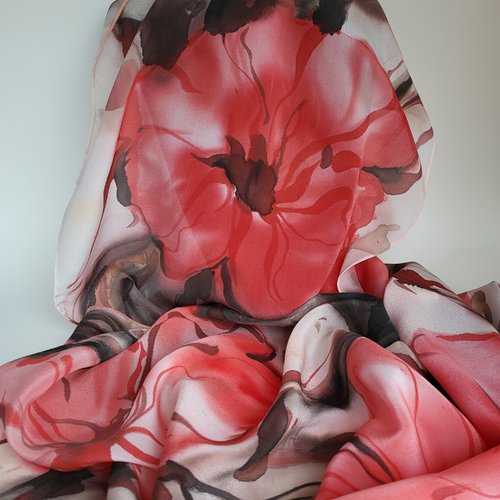 Echarpe en soie crêpe de chine peint main, écharpe fleur rouge cerise, rouge et marron