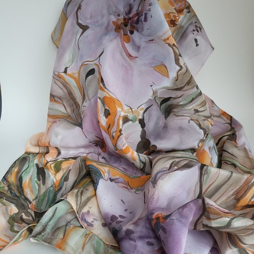 Etole en soie crêpe de chine peint main,  iris violet, écharpe soie femme, cadeau pour elle