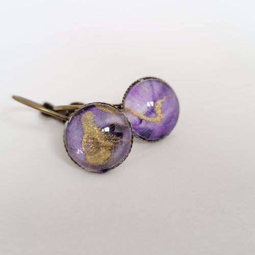 Boucles d'oreilles cabochons violettes,  boucles d'oreilles soie, cadeau pour femme