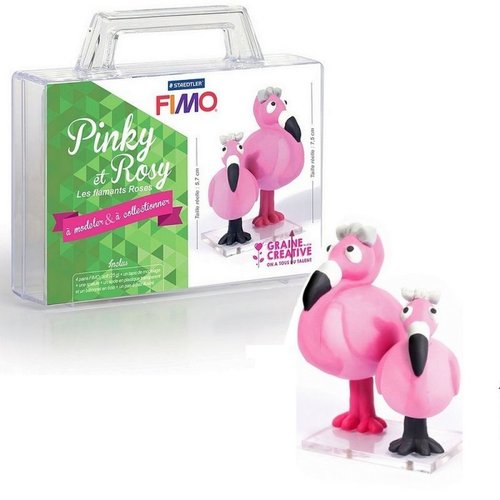 Mallette 2 figurines fimo, flamants roses, 4 pains fimo, pâte polymère à modeler et accessoires