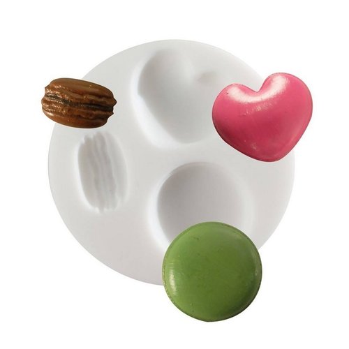 Moule en silicone 3 motifs macarons et biscuit coeur, rond 7cm extra flexible pour fimo, plâtre, résine, porcelaine froide