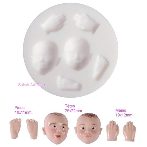 Moule 7cm en silicone, pieds, mains et têtes de bébé, extra flexible pour pâte fimo polymère, plâtre, résine, porcelaine froide