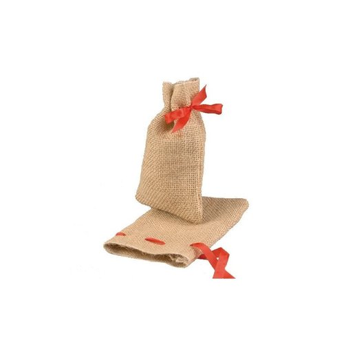 5 petits sacs en toile de jute avec ruban rouge, pochon haut. 14 cm x larg. 10 cm, déco cadeau noël