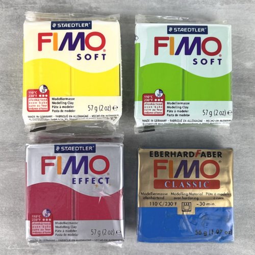 Pâte fimo classique, soft, effect bleu, rouge, vert, jaune, 4 pains polymère à cuire au four