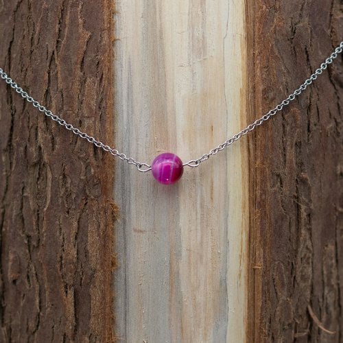 Collier une perle agate rose et acier argenté