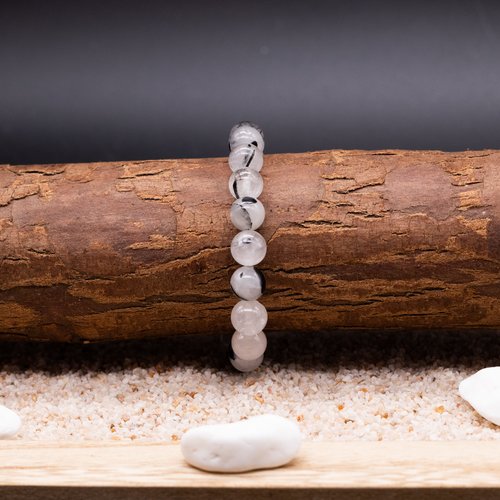 Bracelet perle 8 mm, pierres quartz incrusté de  tourmaline