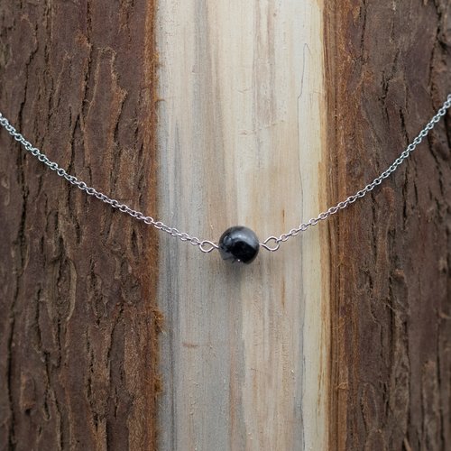 Collier une perle quartz incrusté de tourmaline et acier argenté