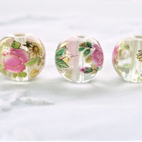 Perle verre japonaise fleur, perle transparente, ronde, 10 mm