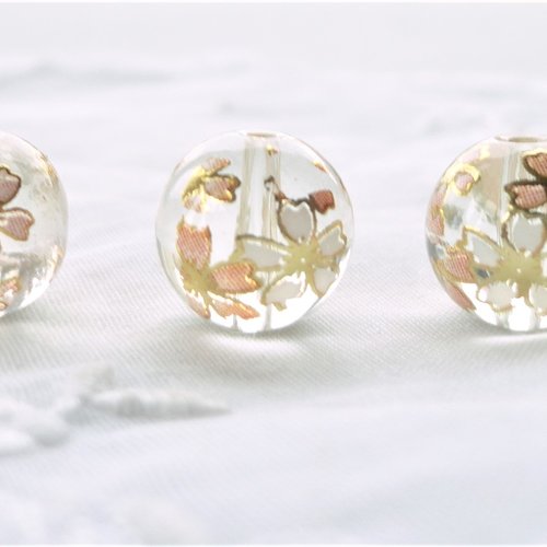 Perle ronde 10 mm  transparente, perle tensha, japonaise, vintage, fleur