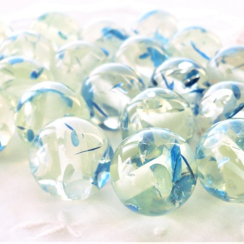 Perle résine ronde, inclusion bleu, transparente, 15 mm, trou 1.8mm