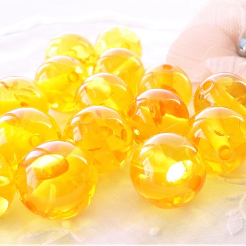 Perle résine transparente et or, perle ambre, imitation ambre, ronde, 15 mm, inclusion