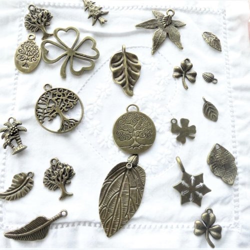 Breloque mixte bronze, déstockage apprêts, apprêts bijoux, charm, feuille, arbre, 