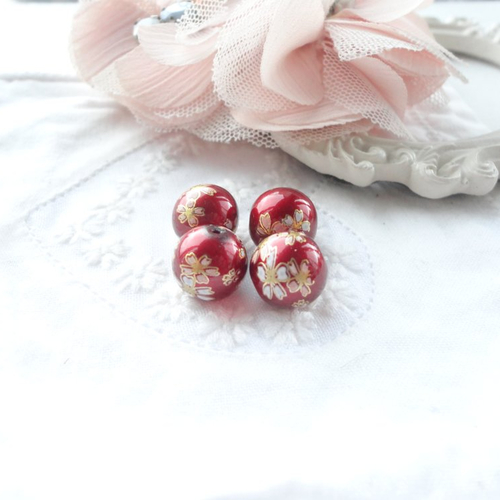 Perle verre japonaise, perle tensha, jimprimé florale, beads, fleur, ronde, 10 mm