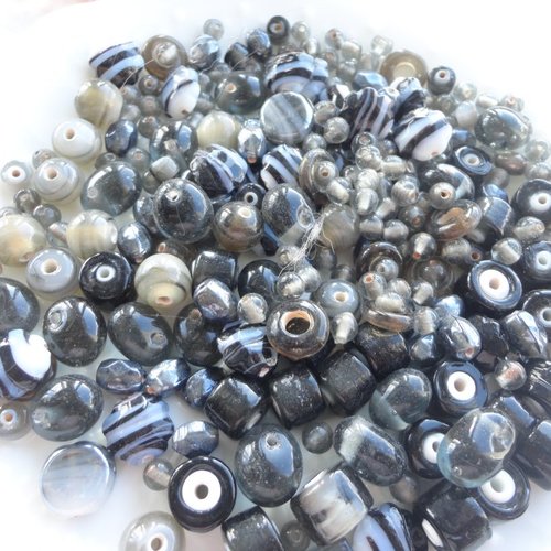 Perle verre grise, lot mixte, perle hand made, assortiment, beads, lot,