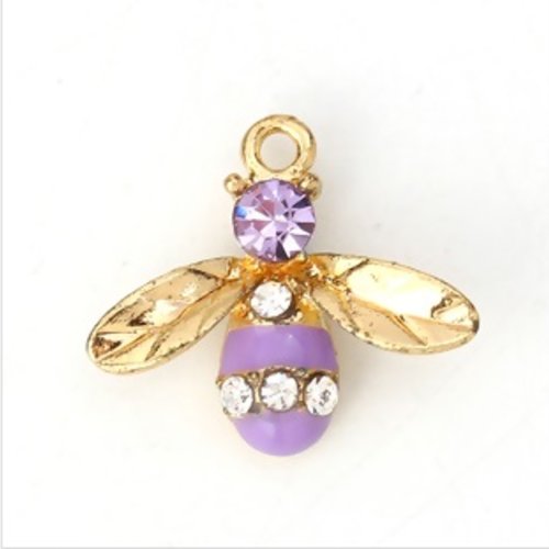 Breloque abeille, strass mauve, émail violette, charm, bijoux, émaillé