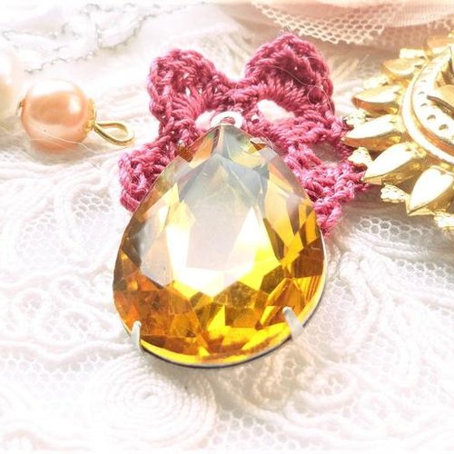 Pendentif verre ambré, verre taillé, perle vintage, pour collier, perle, goutte, cabochon, strass, 