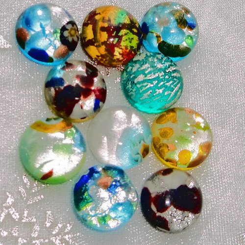 Cabochons ronds verre, feuille d'argent, verre  murano, rond, 10 mm, perles, artisanales,