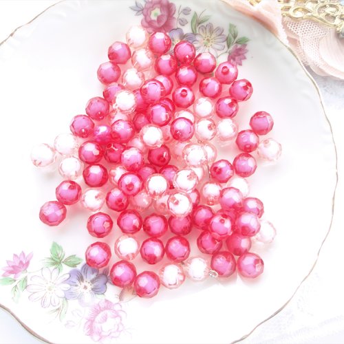 Perle ronde transparente, perle acrylique, rose fuchsia, bicolore, facette, vintage