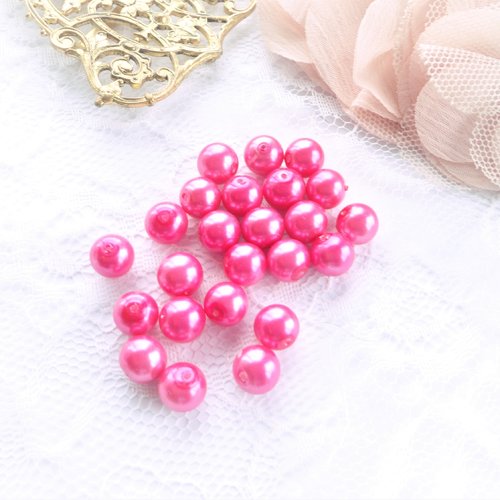 Perle verre nacré, perle ronde  8 mm, rose vif, vintage, bracelet, collier