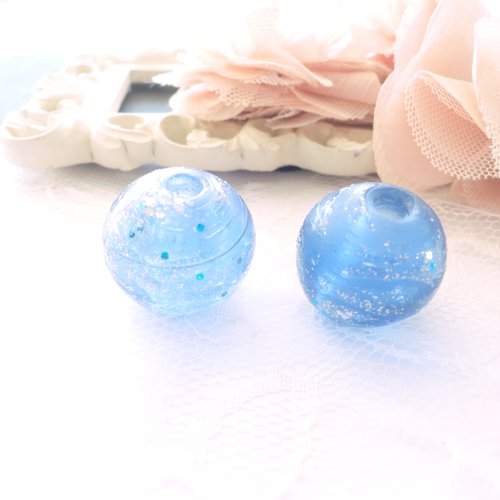 Perle verre ronde, 20 mm,bleu et argent, perle,  lampwork, recyclée