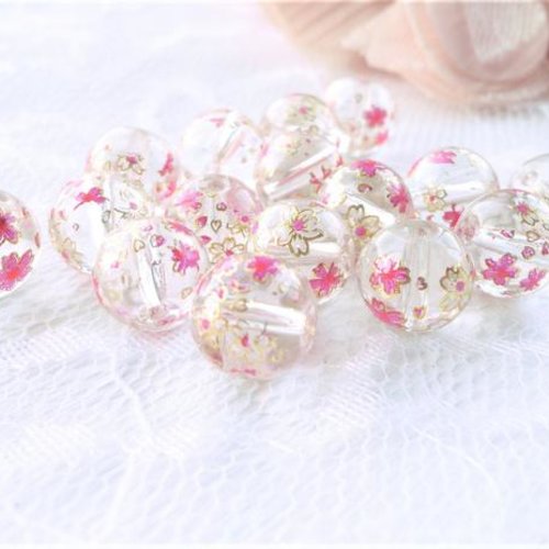 Perle verre japonaise fleur, verre transparent, fleur rose,tensha, bijoux, romantique