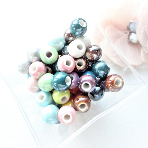 Perle céramique ronde, grand trou, perle porcelaine, émail, 8 mm