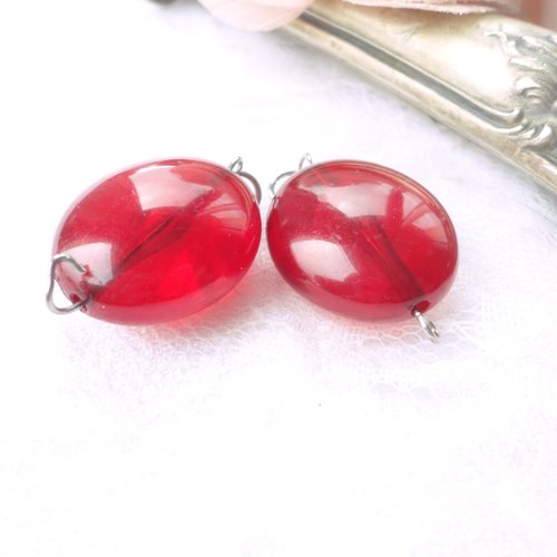 Perle ovale rouge, perle résine, vintage français, baroque, ancienne, transparente