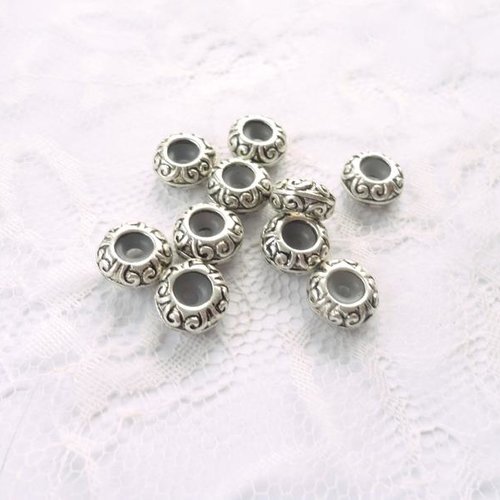 Perle passante métal, perle grand trou, métal gravé, donut, anneau, rond,