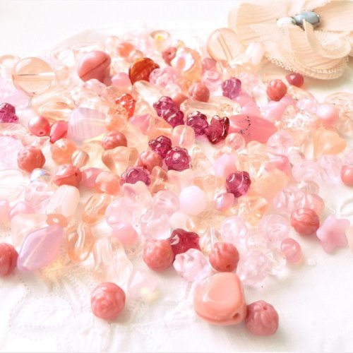 Perle verre tchèque, rose poudrée, rose vif, lot, mixte, perle, déstockage,