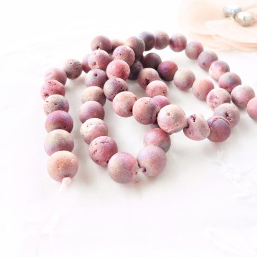 Perle géode, perle drusy, cristal rose, pierre, ronde, 8 mm, bijoux,