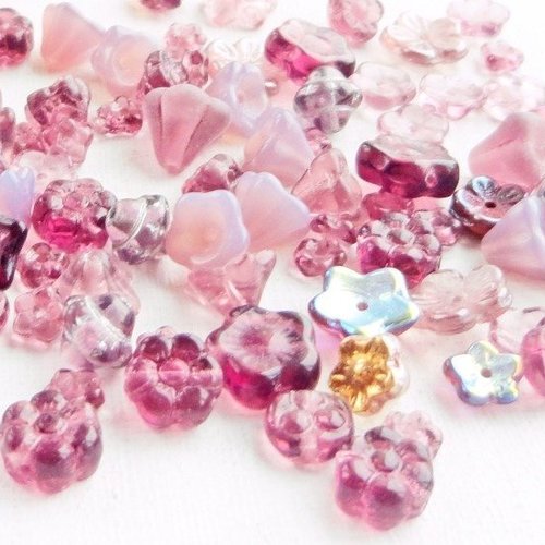 Perle verre fleur violine, perle verre de bohème, république tchèque, vieux rose, lot, mixte, beads,