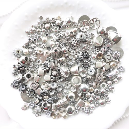 Perle métal argent, coupelle à perle, cube, fleur,  entretoise, lot mixte, déstockage,