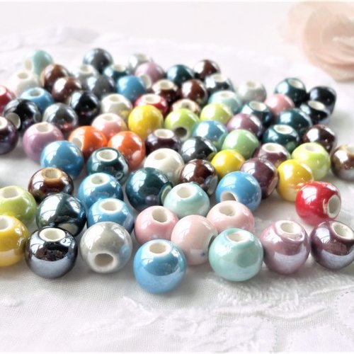 Perle ronde céramique, perle émaillée, 9 mm, trou 4 mm, esprit nacrée, porcelaine,