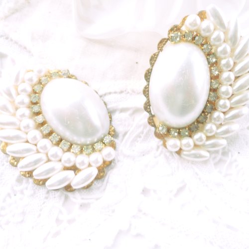 Cabochon ovale perle, perles nacrées, apprêts vintage, 1950, strass, bijou, diy