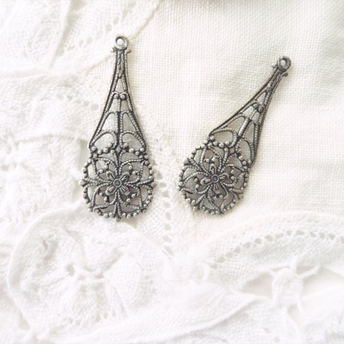 Connecteur baroque vintage, estampe filigranée, estampe goutte, argenté, dentelle, métal