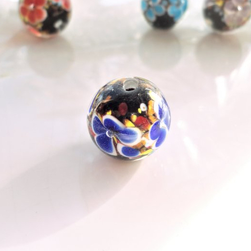 Perle verre murano, perle artisanale, inclusions de fleur, ronde  14 mm, verre, soufflé,