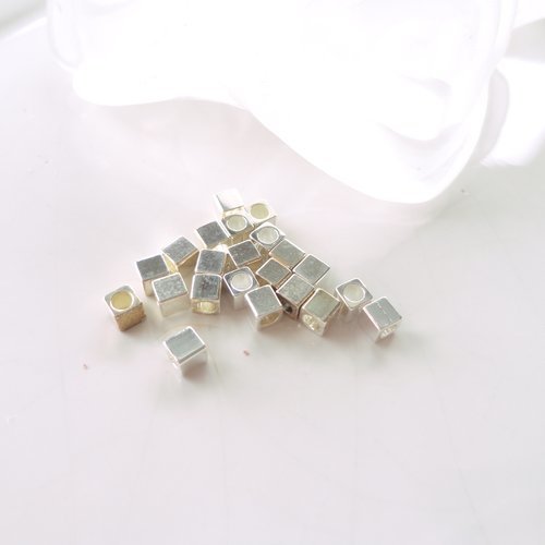 Perle cube métal, perle intercalaire, entretoise argent, 3 mm, passante cordon, cuir,