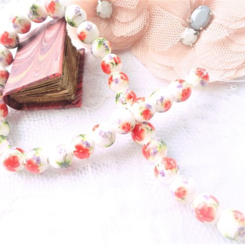 Perle porcelaine fleur, perle japonaise, fleur rouge, 8 mm, céramique,ronde,