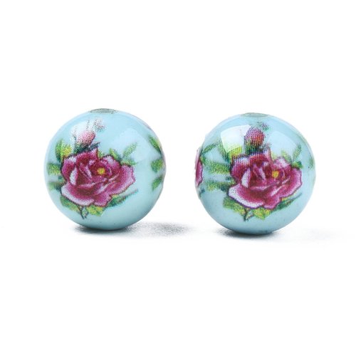 Perle ronde japonaise, x 4, perle imprimé de fleur, bijoux florale, ronde 9 mm, bleu et rose