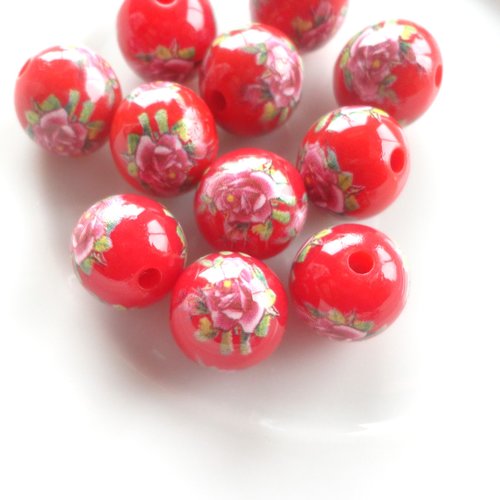 Perle ronde japonaise, x 4, perle imprimé de fleur, bijoux florale, ronde 9 mm, rouge et rose, artisanle,