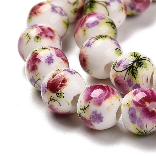 Perle porcelaine fleur, perle céramique, ronde 8 mm, fleur rose, artisanle, manuelle