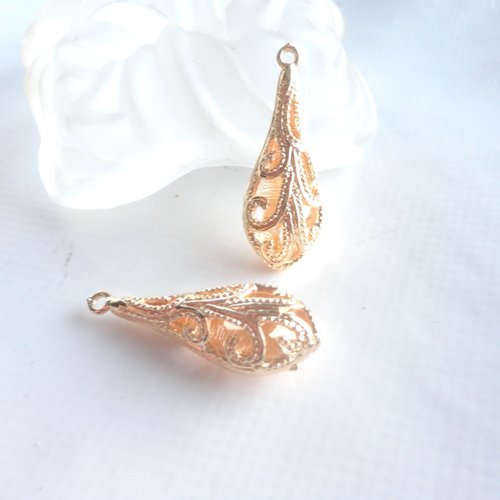 Pendentif goutte creuses, perle larme dorée, x2, plaqué or 18 kc, apprêts bijoux, or,